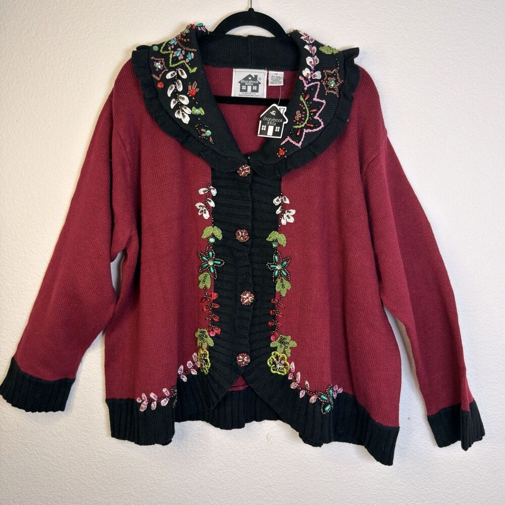 Storybook Knits 3X Embellished Christmas Burgundy Cardigan Sweater NWT Beaded